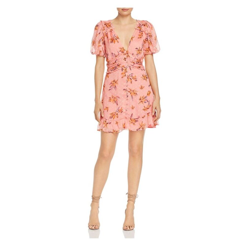 RAHI Womens Coral Floral Short Sleeve V Neck Mini Sheath Dress L